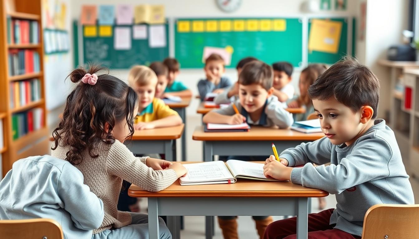 Students studying together in modern classroom